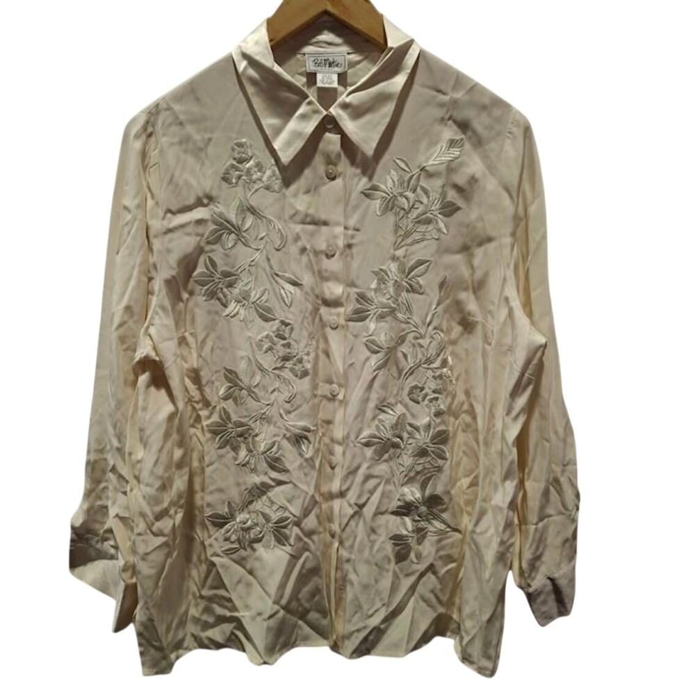 Bob Mackie Ivory Silk Blouse 22W Embroidered Floral Button Up Sheer Y2K Plus